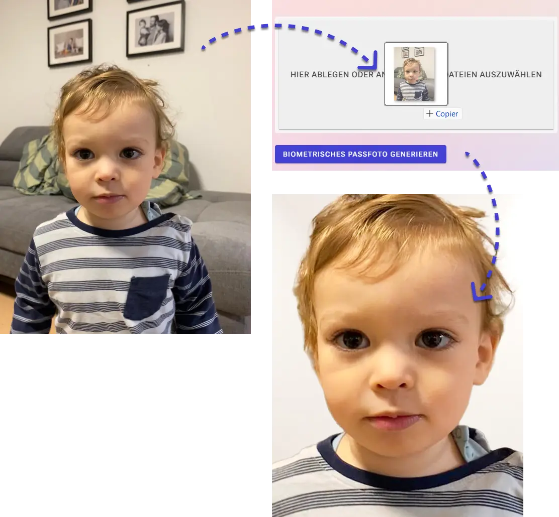 Shows how to upload a photo and transform it into a passport picture