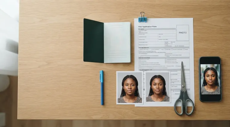 Passport, visa application form and 35x45 mm ID photos on a desk