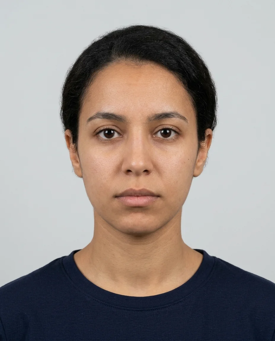 Compliant visa photo: facing the camera, light grey background, neutral expression, mouth closed
