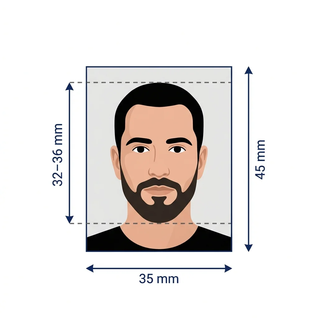 France visa photo dimensions diagram: 35x45 mm, face height 32 to 36 mm