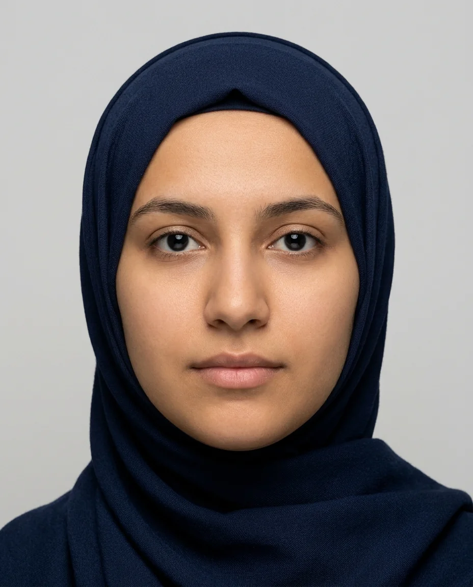 Compliant visa photo with headscarf: face fully visible from chin to forehead