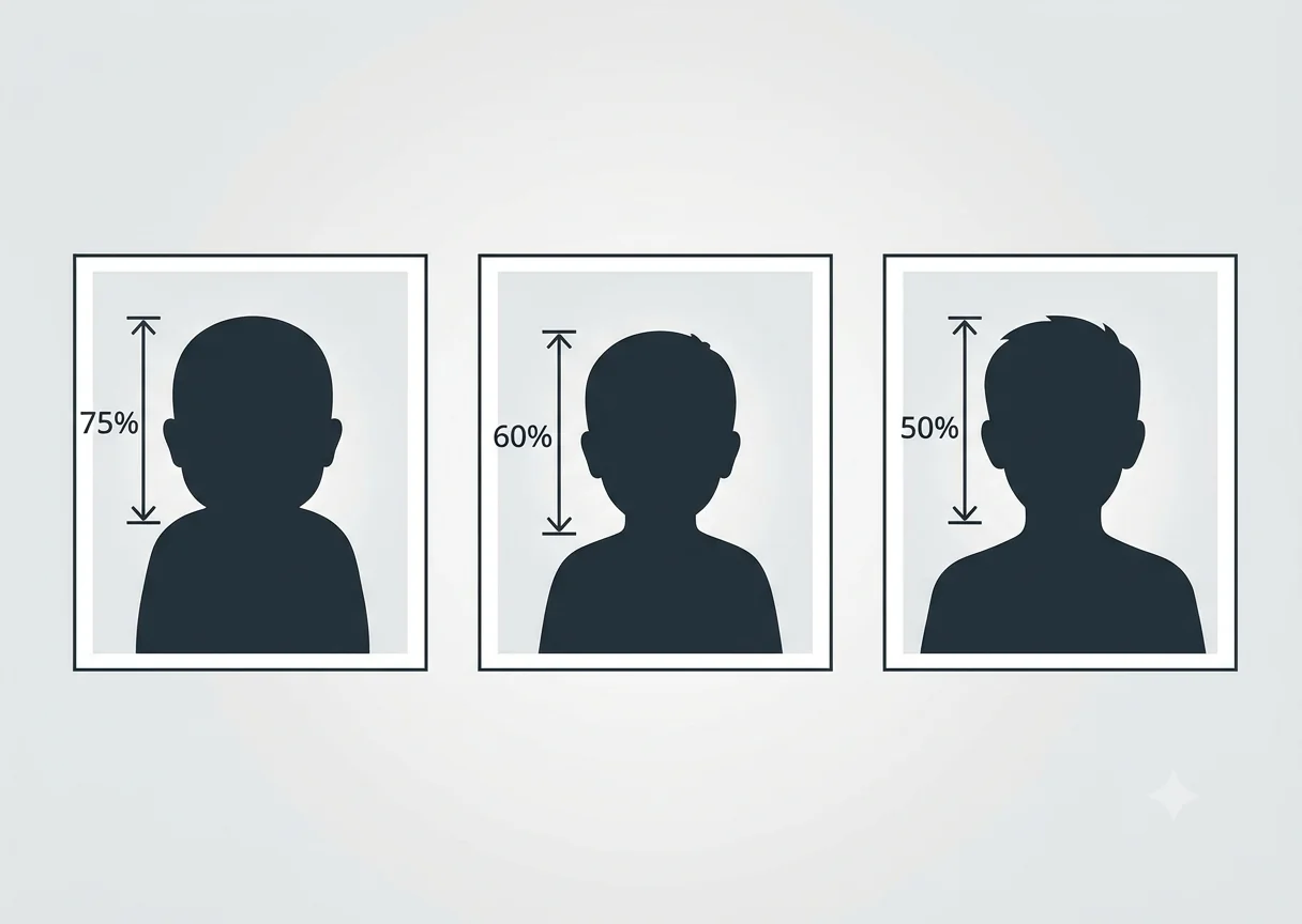 Infographic showing three child age groups with different face sizing requirements for Schengen visa biometric photos