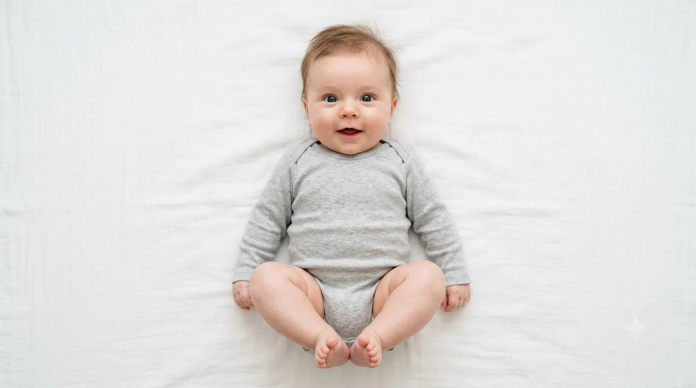 Baby lying on a white surface looking up at the camera for a compliant Schengen visa passport photo