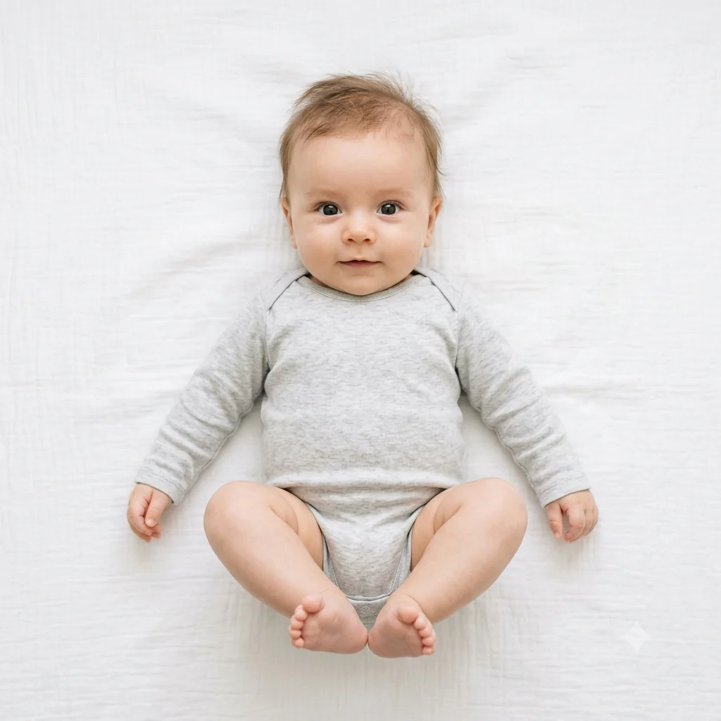 Bird's-eye view of a baby lying flat on their back on a white surface looking upward with open eyes