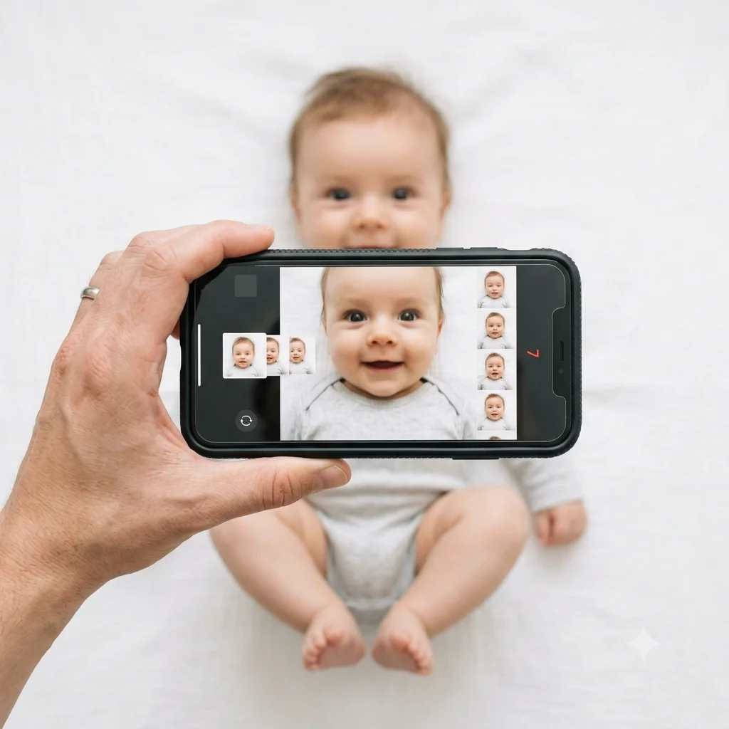 Smartphone held above a baby capturing multiple rapid photos in burst mode, bright natural light