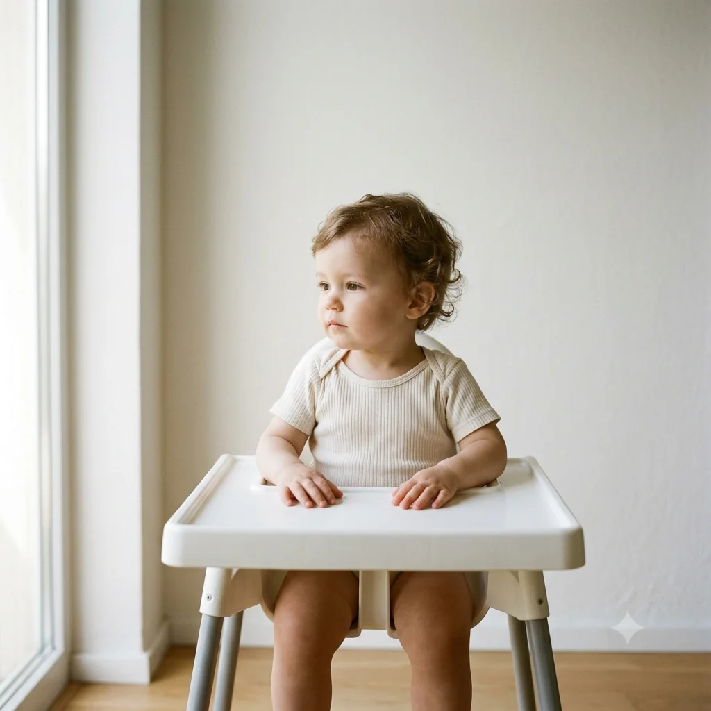 Toddler sitting upright in a white high chair facing natural window light with a calm expression