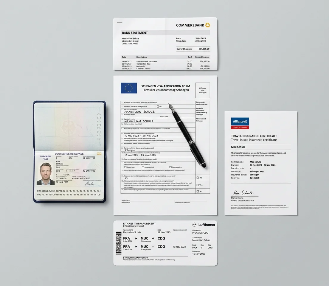 Flat lay of Schengen visa application documents including passport, application form, bank statements and travel insurance