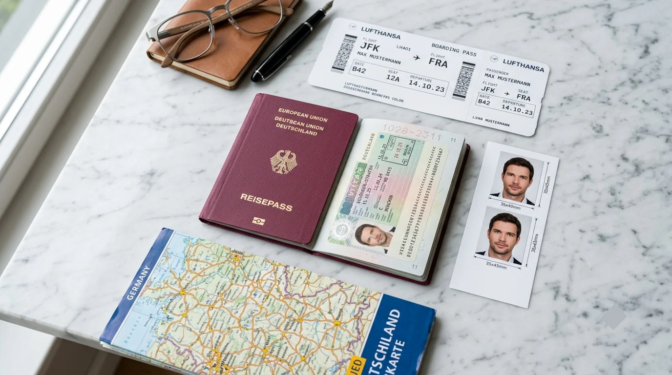 German Schengen visa with biometric passport photo and travel documents