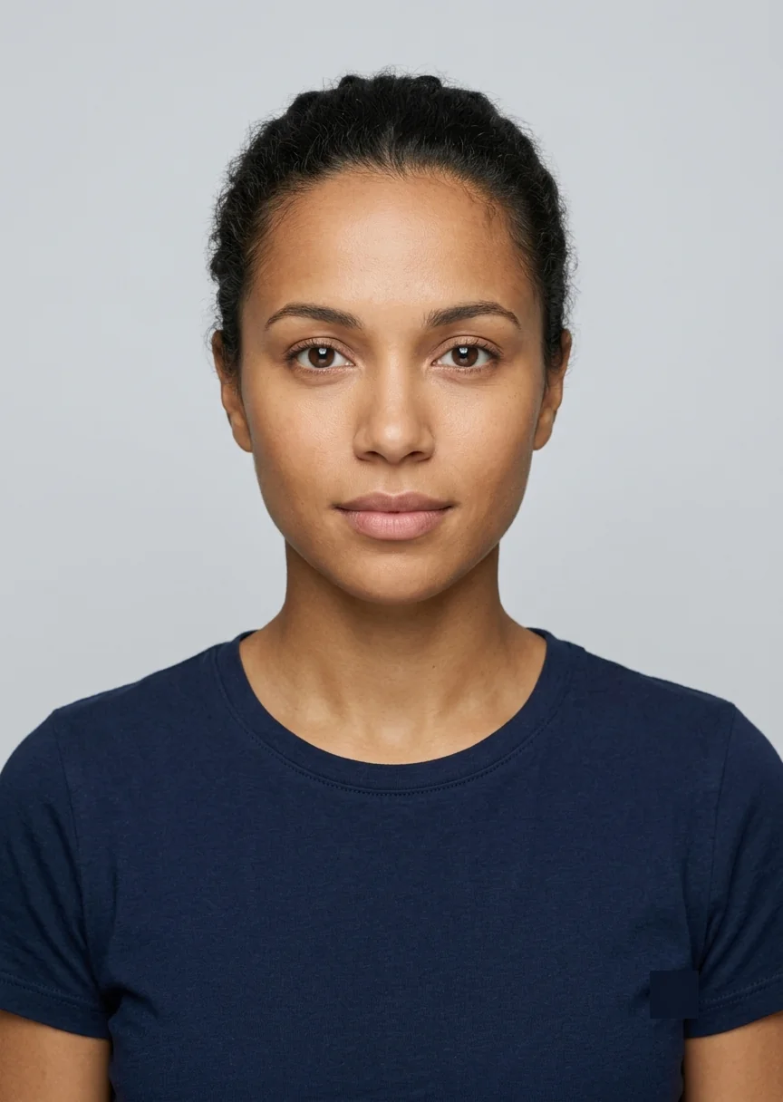 Example of a correct German Schengen biometric passport photo: neutral expression, light grey background, straight head