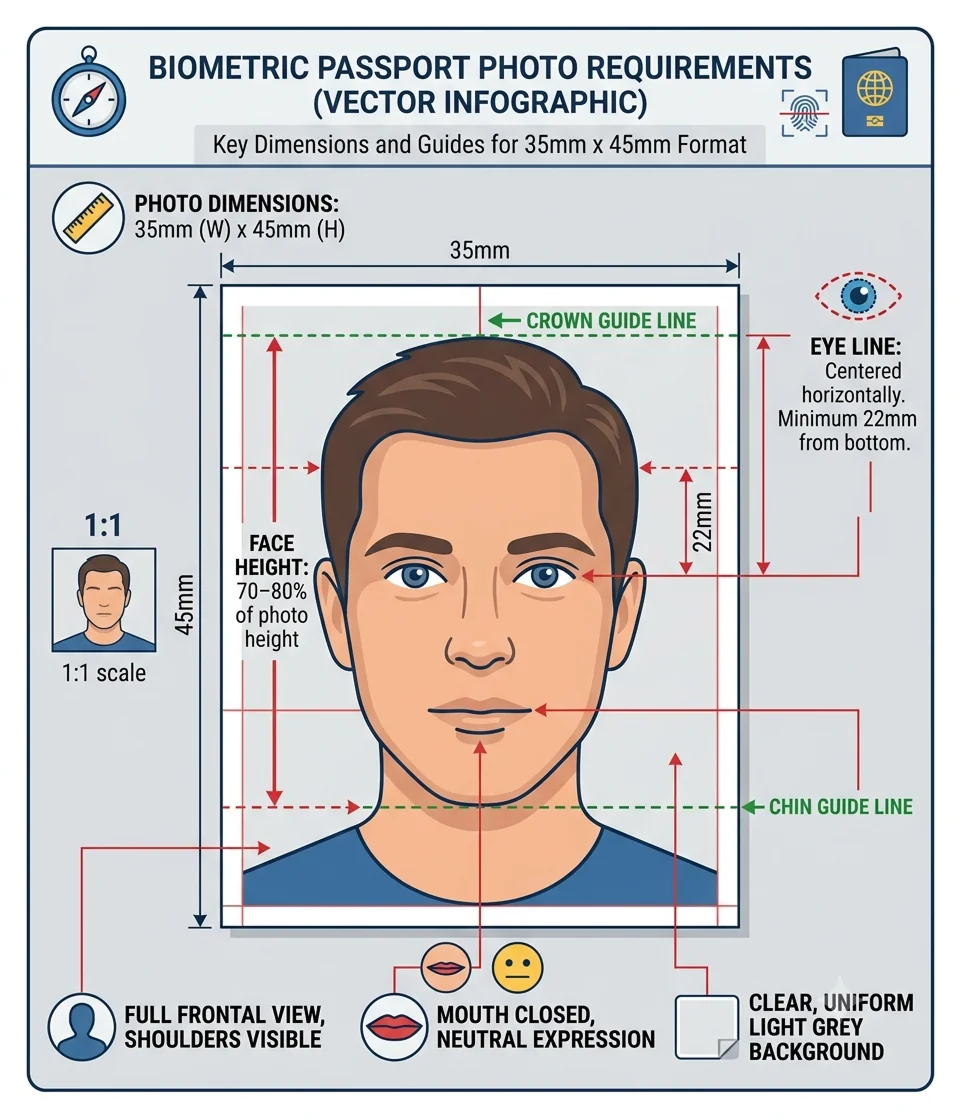 Annotated German biometric passport photo dimension diagram showing 35x45mm frame, face height 70-80%, centering guides