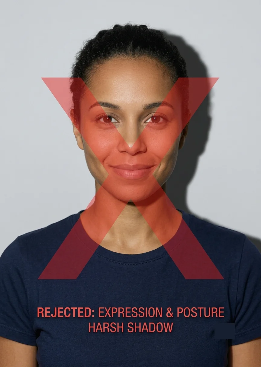 Example of an incorrect German Schengen passport photo showing common mistakes: smile, tilted head, background shadow