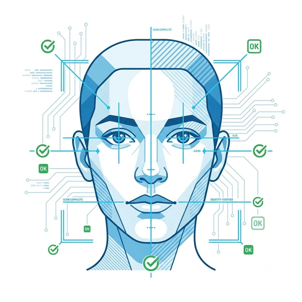 Digital illustration of AI biometric compliance check with facial measurement overlays