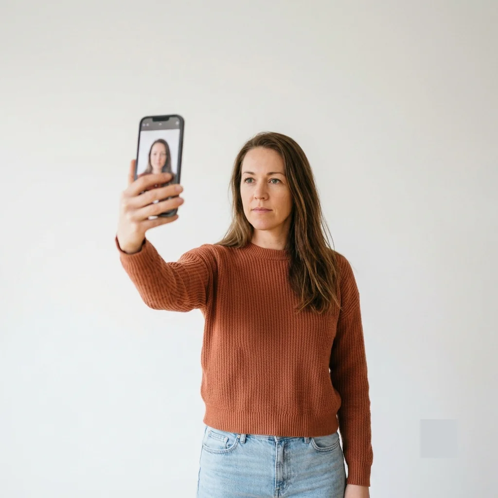 Smartphone on a tripod taking a portrait photo of a person with neutral expression