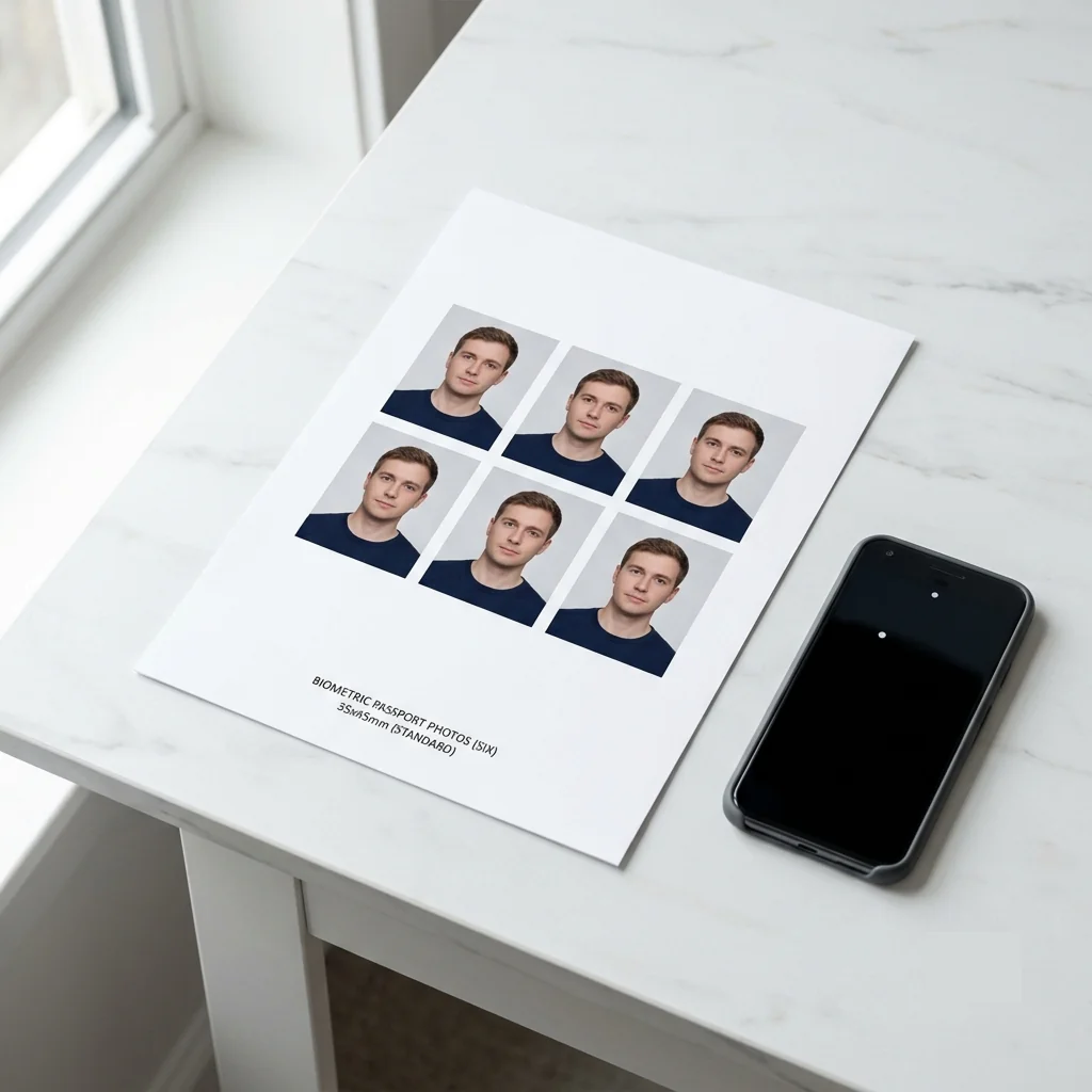 Printed A4 sheet with six 35x45mm biometric passport photos ready for visa appointment
