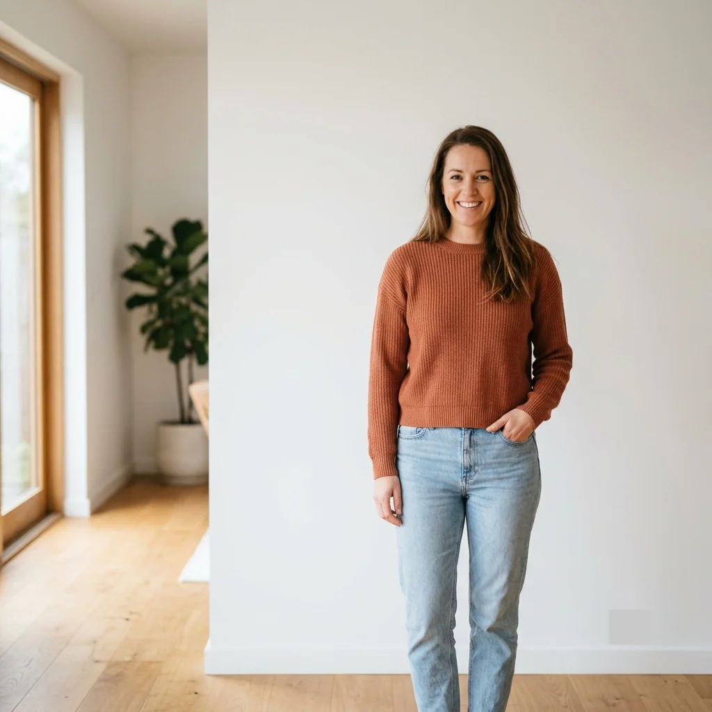 Person standing in front of a plain white wall with natural window light for a passport photo