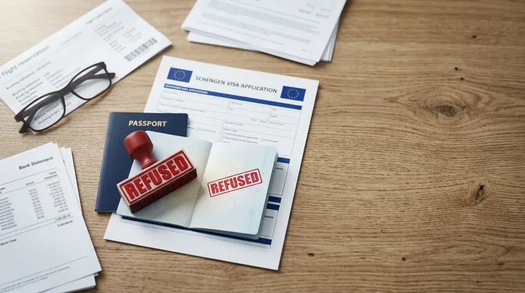 Schengen-Visumantrag und Reisepass mit dem Stempel REFUSED auf einem Schreibtisch neben Kontoauszug und Flugreservierung