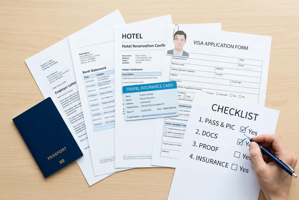 Geordnete Visumsunterlagen mit Reisepass, Arbeitgeberschreiben, Kontoauszug, Hotelreservierung, Reiseversicherungskarte und einer Checkliste, die abgehakt wird