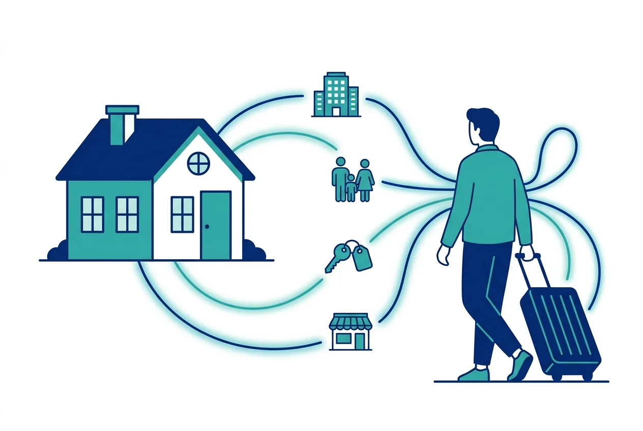 Illustration eines Reisenden mit Koffer, der durch Fäden für Job, Familie, Eigentum und Unternehmen mit seinem Zuhause verbunden ist