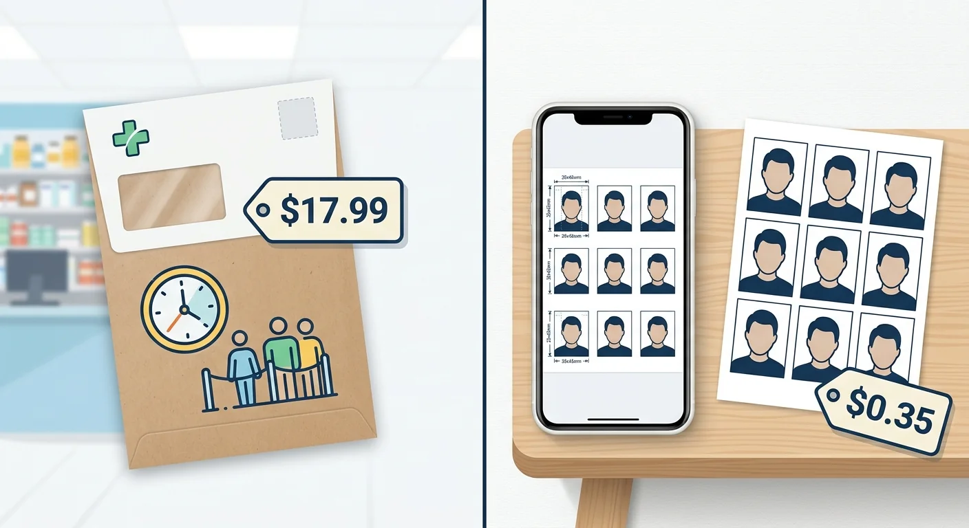 Visual comparison showing $17.99 pharmacy photo counter cost versus $0.35 home 4x6 print method