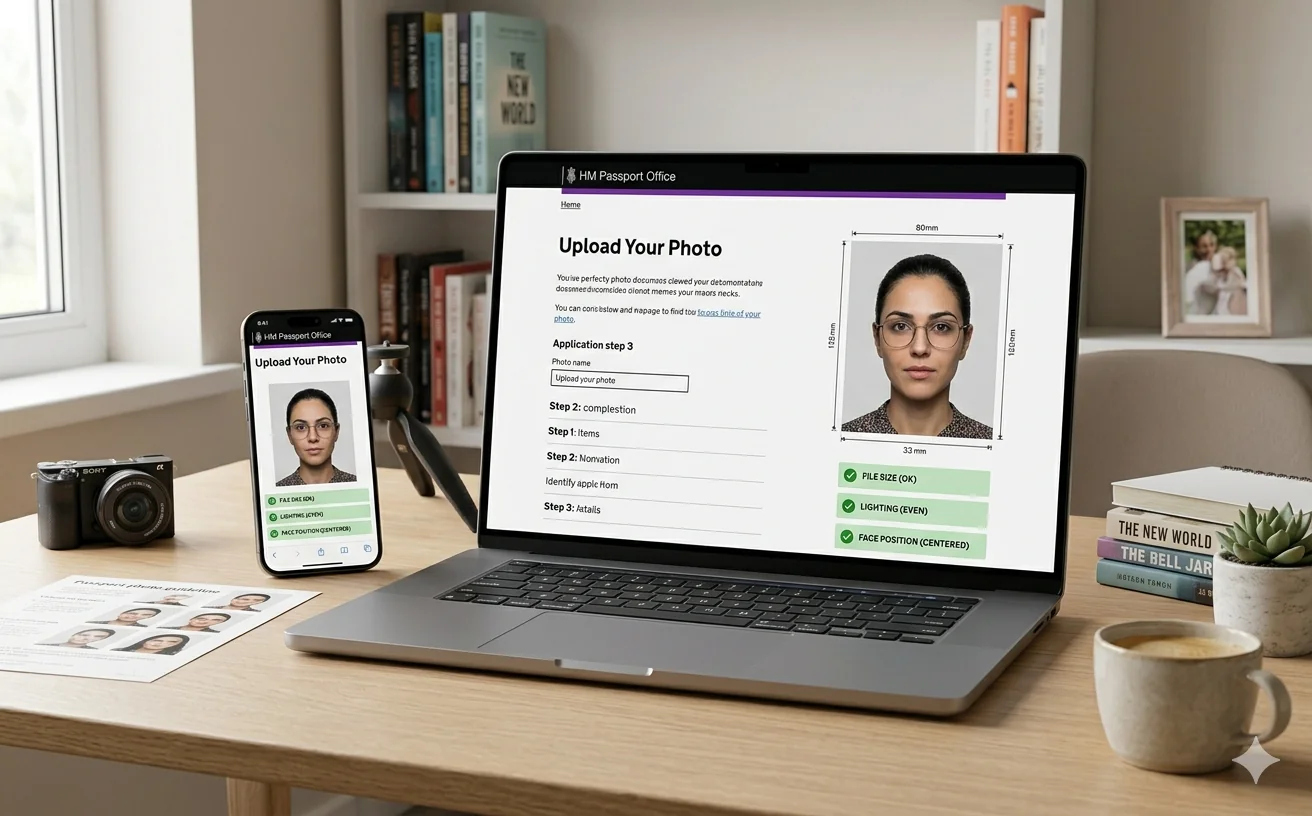Online UK passport photo submission on laptop and phone