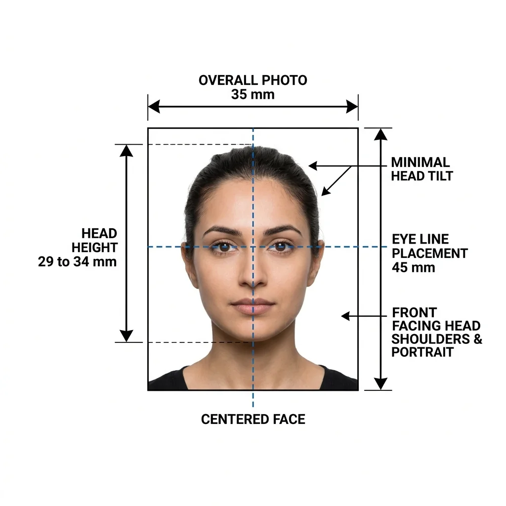 Annotated UK passport photo dimension diagram showing 35x45mm frame, head height 29-34mm, and centering guides