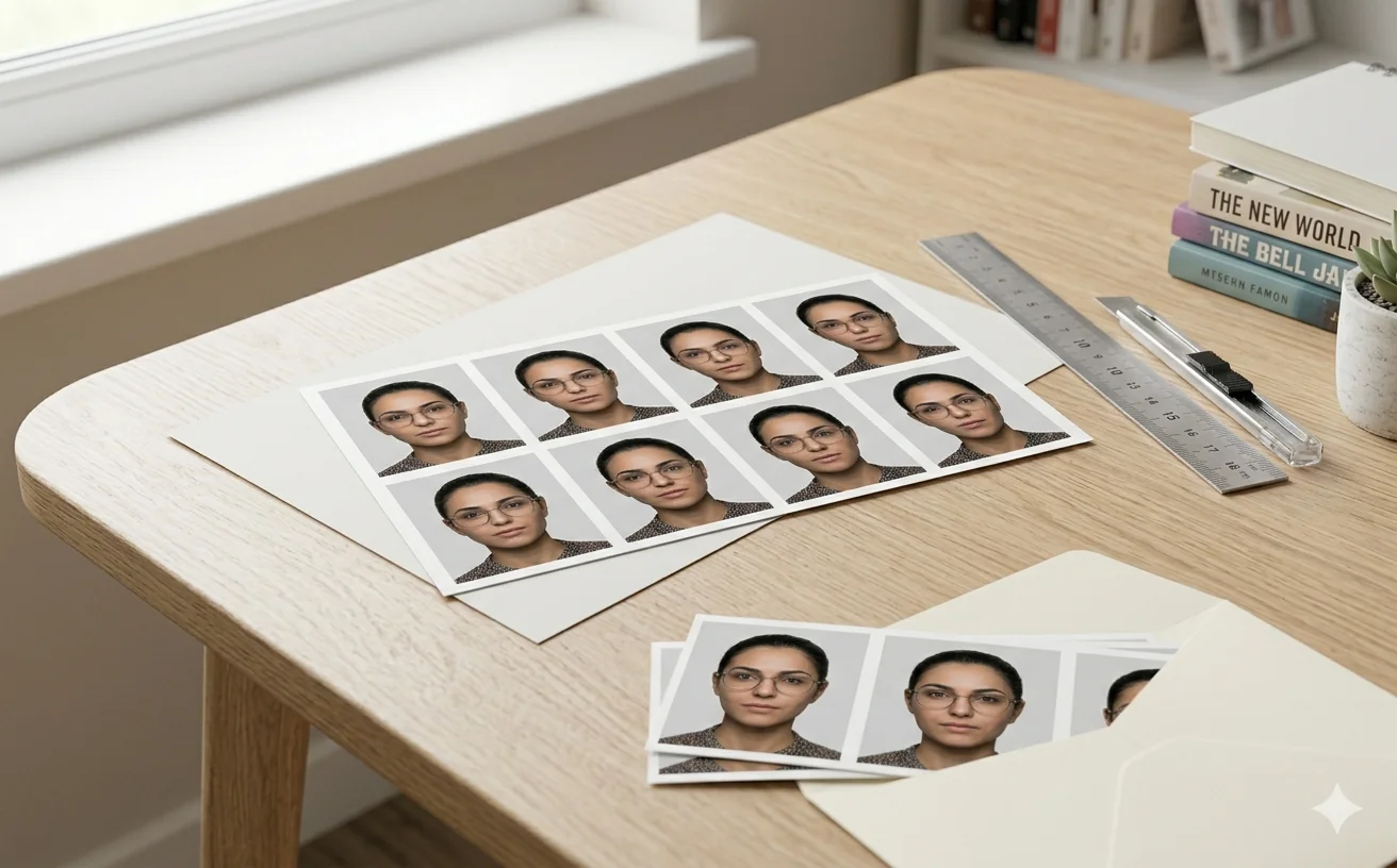 UK passport photo print strip preparation on desk