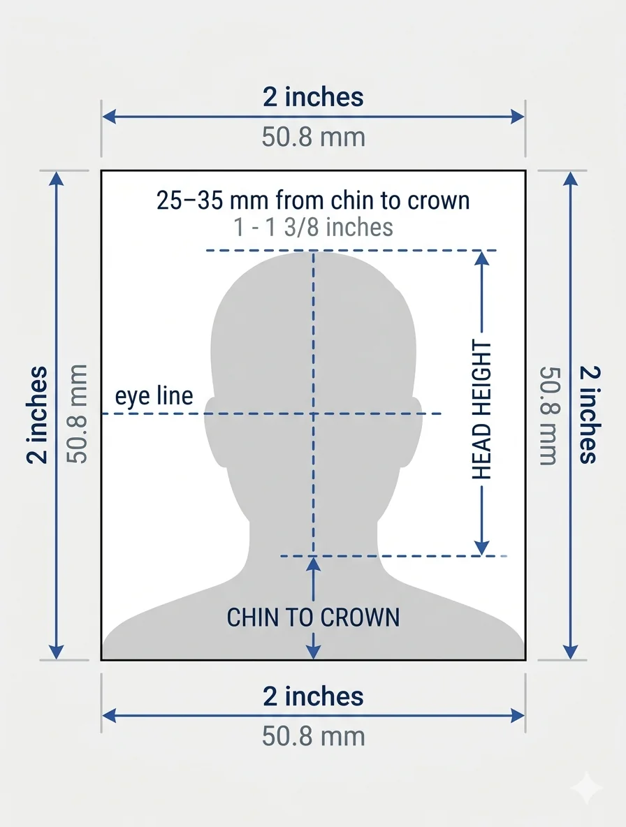 Annotated US passport photo dimension diagram showing 2x2 inch frame, head height, and centering guides