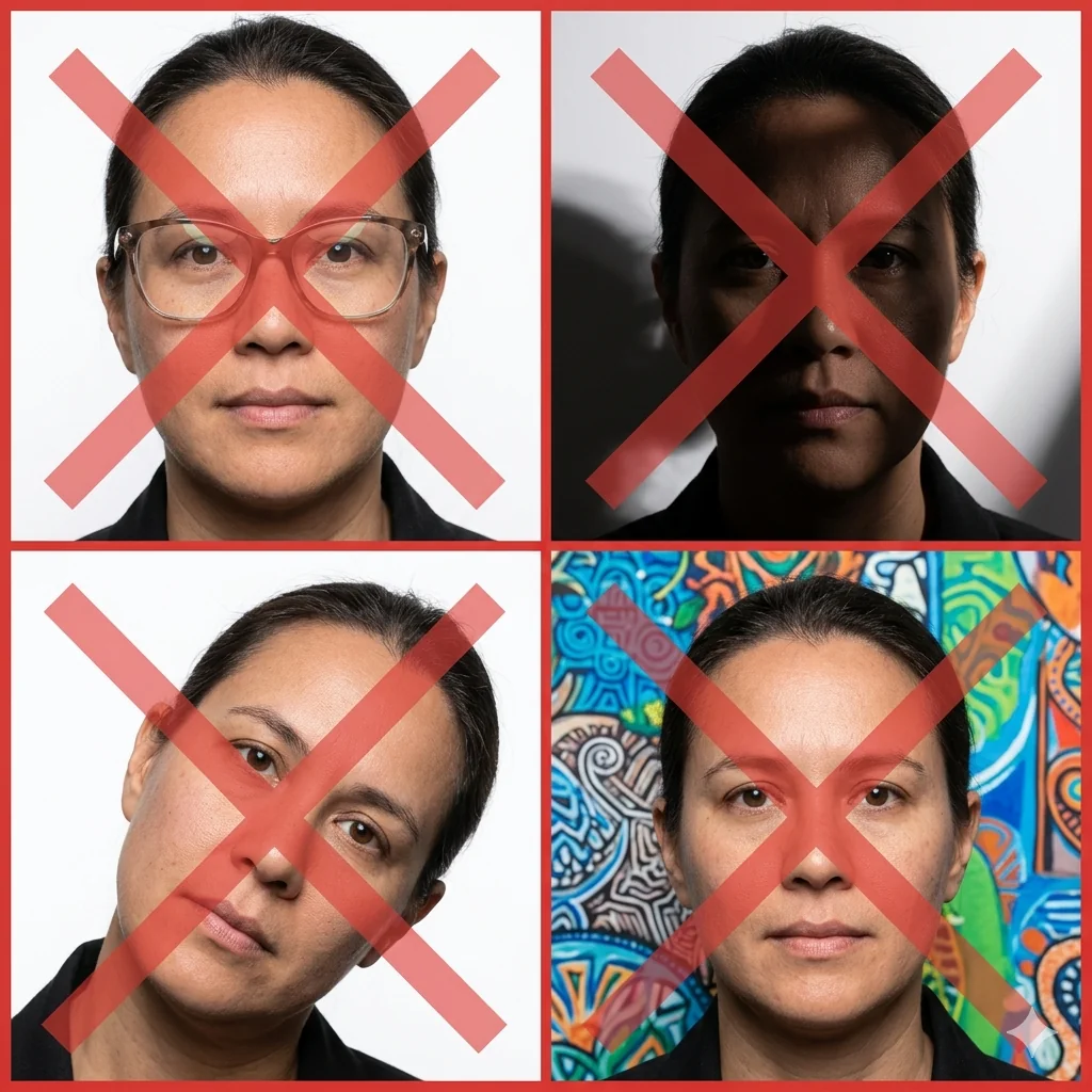 Example of an incorrect US passport photo with common mistakes